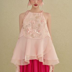 Áo dài Voan Hồng Phấn Thêu Hoa